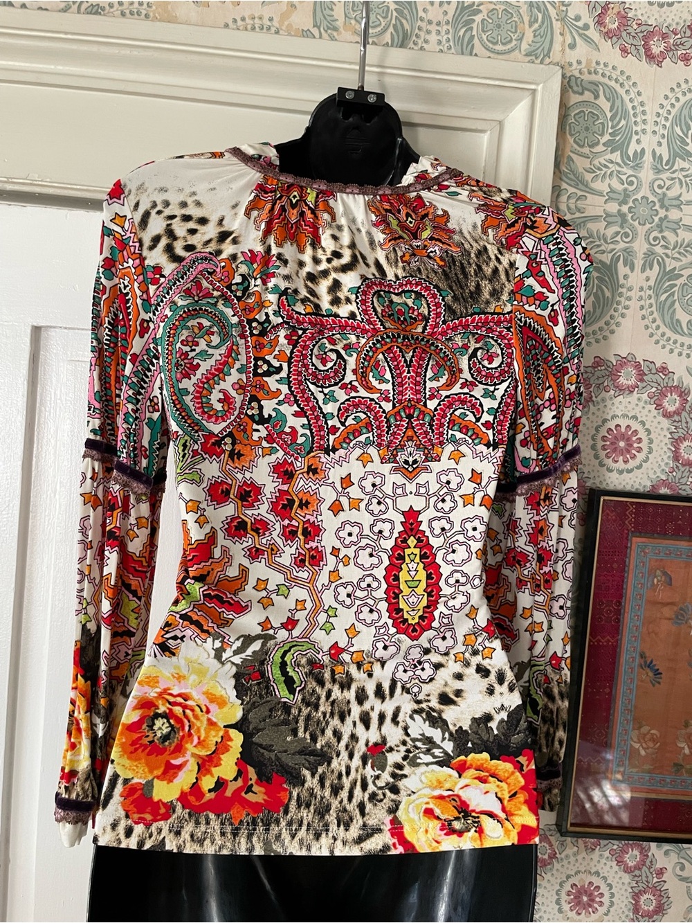 JUST CAVELLI Y2K Bold Floral Paisley Animal Print Long Sleeve Top - Picture 5 of 9